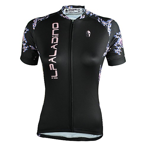 

ILPALADINO Women's Short Sleeve Cycling Jersey Black Floral Botanical Bike Jersey Top Triathlon UV Resistant Breathable Reflective Strips Sports Clothing Apparel / Back Pocket