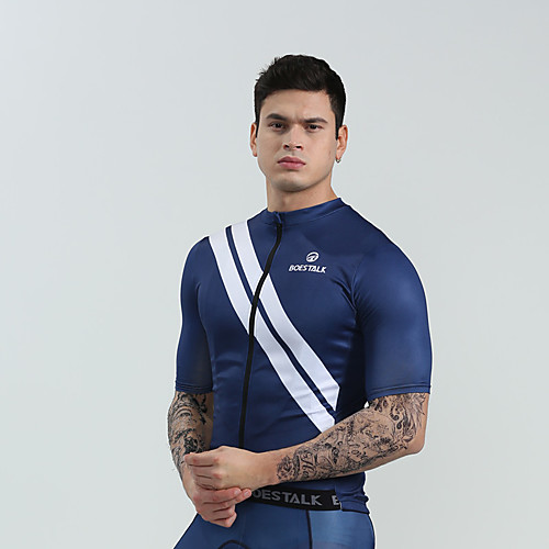 

BOESTALK Men's Short Sleeve Cycling Jersey Summer Blue Sky Blue Dark Blue Stripes Bike Shirt Jersey Compression Clothing Mountain Bike MTB Road Bike Cycling Moisture Wicking Back Pocket Sports