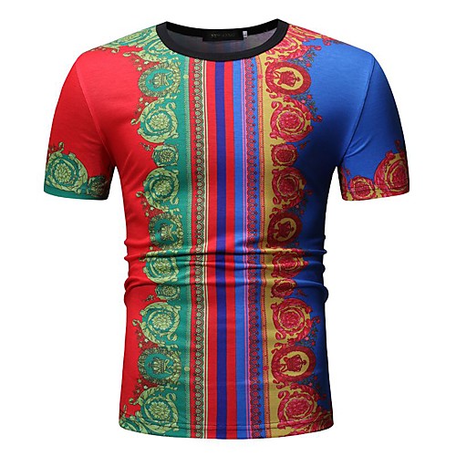 

Men's T shirt Geometric Tribal Floral Patchwork Print Tops Cotton Rainbow