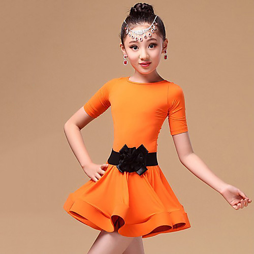 

Latin Dance Kids' Dancewear Dress Sash / Ribbon Cascading Ruffles Girls' Training Performance Short Sleeve Spandex Pleuche Polyester