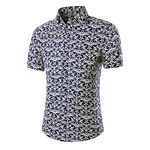 

Men's Shirt Color Block Geometric Floral Print Tops Cotton Navy Blue
