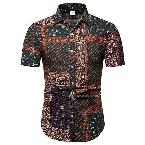 

Men's Shirt Color Block Geometric Floral Plus Size Print Tops Cotton Green