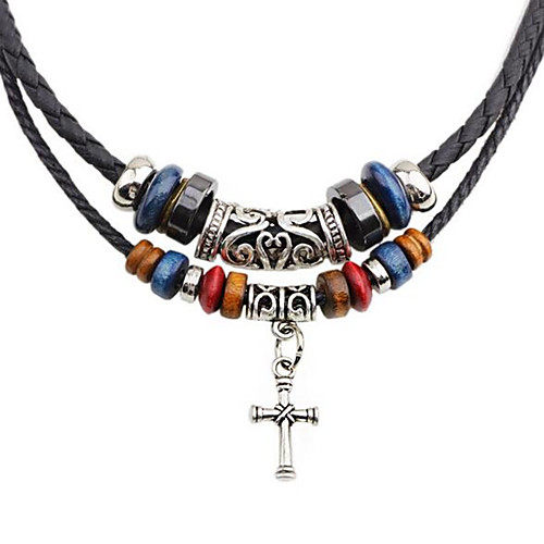 

Men's Layered Necklace Double Layered Cross Fashion PU Leather Chrome Black 45 cm Necklace Jewelry 1pc For Daily