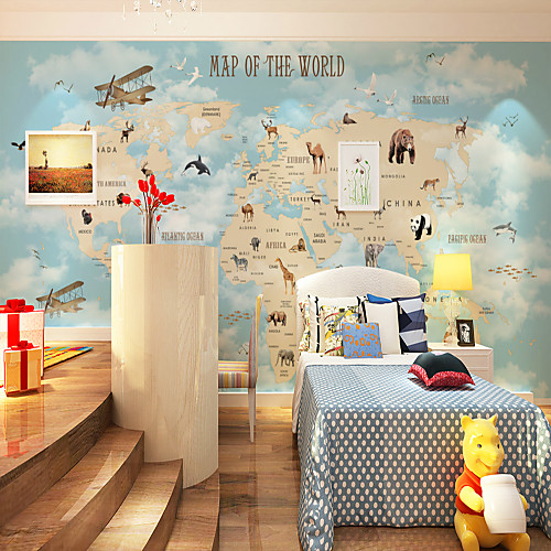 

Nursery Mural Wallpaper Wall Sticker Covering Print Adhesive Required Cartoon World Map Animal Home Décor Canvas