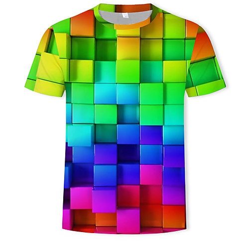

Men's T shirt Graphic Geometric 3D Print Short Sleeve Casual Tops Rainbow
