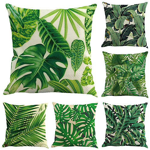 

Set of 6 Cotton / Faux Linen Pillow Cover, Botanical Leaf Contemporary Holiday Tropical Throw Pillow