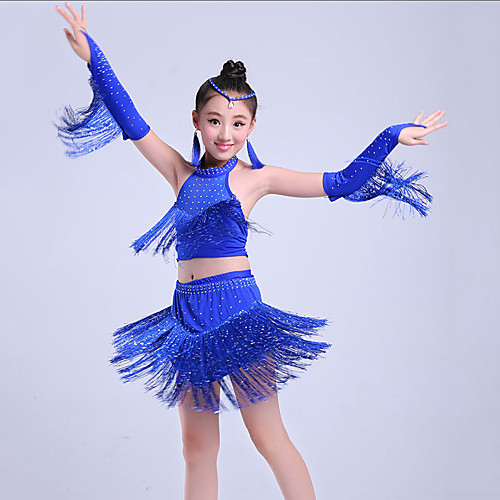 

Latin Dance Kids' Dancewear Skirts Tassel Tiered Crystals / Rhinestones Girls' Training Performance Sleeveless Nylon Elastic