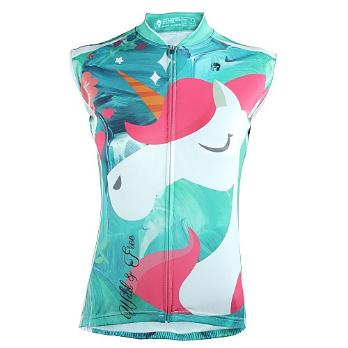 

ILPALADINO Women's Sleeveless Cycling Jersey Summer Polyester Mineral Green Cartoon Bike Jersey Top UV Resistant Breathable Reflective Strips Sports Clothing Apparel / Back Pocket
