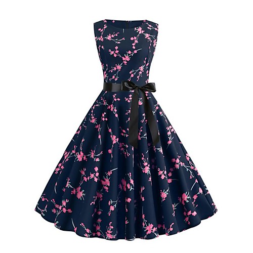 

Women's Navy Blue Dress Street chic Swing Floral Print S M
