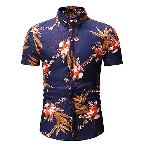 

Men's Shirt Geometric Floral Print Tops Cotton Red Navy Blue