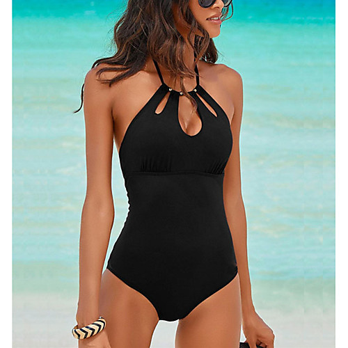 

Women's One Piece Swimsuit Hollow Out Strappy High Waist Purple Black Swimwear Halter High Neck Bathing Suits / Wrap / Padded Bras