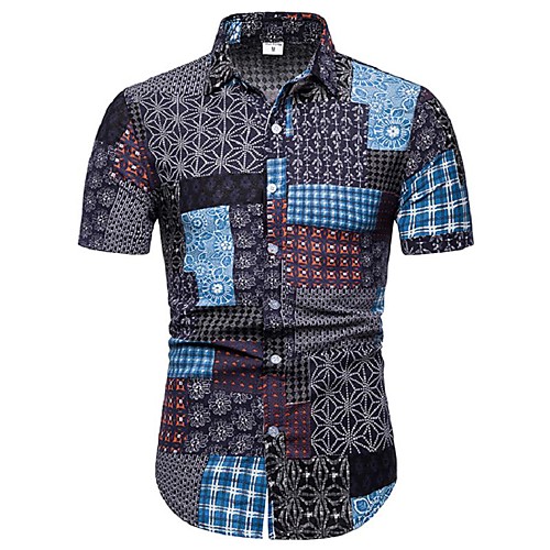 

Men's Shirt Color Block Geometric Floral Plus Size Print Tops Cotton Black