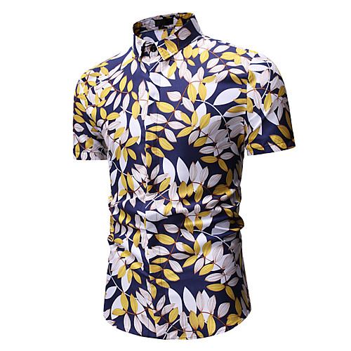 

Men's Shirt Trees / Leaves Print Short Sleeve Tops Classic Collar Gold White