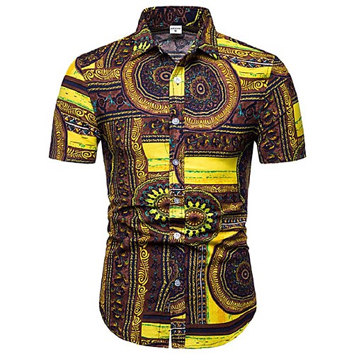 

Men's Shirt Color Block Geometric Floral Plus Size Print Tops Cotton Yellow