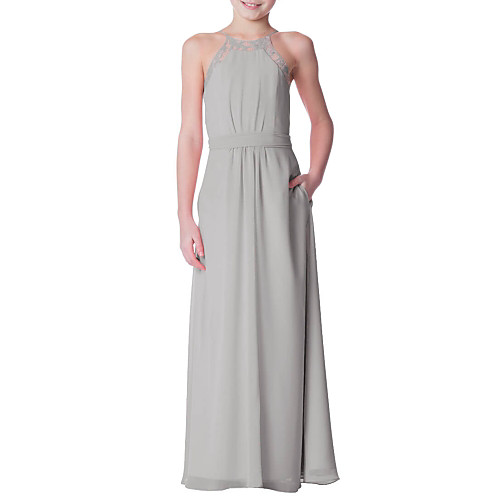 

A-Line Floor Length Junior Bridesmaid Dress Party Chiffon Sleeveless Crew Neck with Bandage