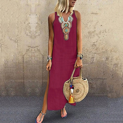 

Women's Maxi Wine Yellow Dress Boho Summer Vacation Tunic Solid Colored V Neck S M