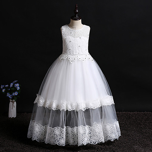 

Princess Floor Length Flower Girl Dresses Wedding Lace Sleeveless Jewel Neck with Appliques / First Communion