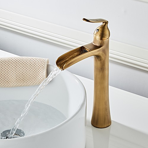 

WaterfallBathroomFaucet,Rustic Nickel Single Handle OneHole Brass Waterfall Bathroom SinkFaucet with Hot and Cold Water