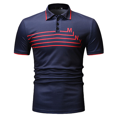 

Men's Polo Striped Solid Colored Letter Patchwork Print Tops Cotton Black Navy Blue