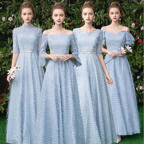 

A-Line V Neck Floor Length Lace Bridesmaid Dress with