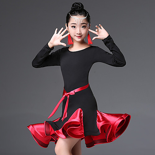 

Latin Dance Kids' Dancewear Dress Ruching Split Joint Girls' Performance Long Sleeve High Nylon