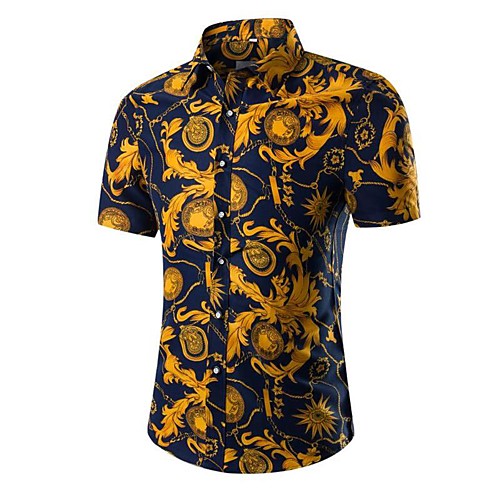 

Men's Shirt Color Block Tribal Floral Print Tops Cotton Navy Blue