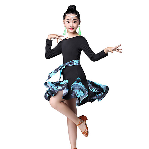 

Latin Dance Kids' Dancewear Dress Pattern / Print Ruching Split Joint Girls' Performance Long Sleeve High Nylon