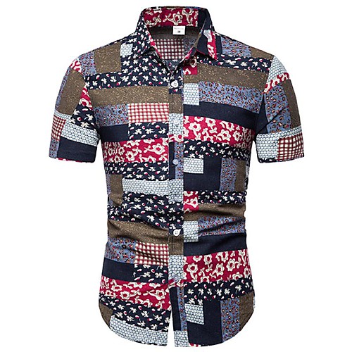 

Men's Shirt Color Block Geometric Floral Plus Size Print Tops Cotton Rainbow