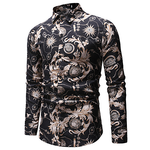 

Men's Shirt Color Block Geometric Floral Print Tops Cotton Black