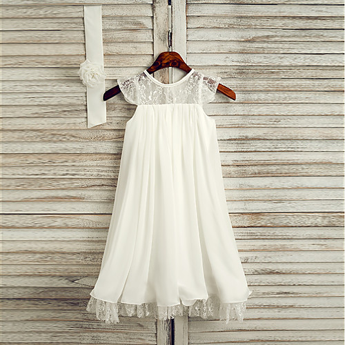 

A-Line Tea Length Flower Girl Dresses Wedding Lace Sleeveless Jewel Neck with Sash / Ribbon / First Communion / Holiday