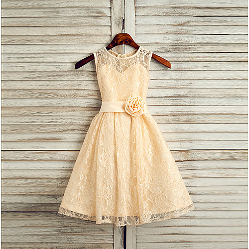 

A-Line Tea Length Flower Girl Dresses Wedding Lace Sleeveless Jewel Neck with Sash / Ribbon / First Communion