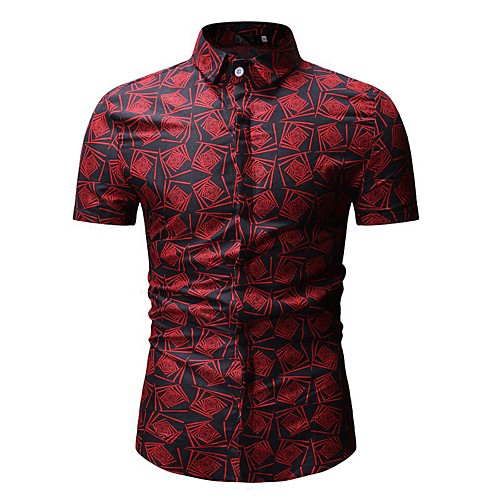 

Men's Shirt Houndstooth Color Block Tribal Print Tops Cotton Black Blue Red