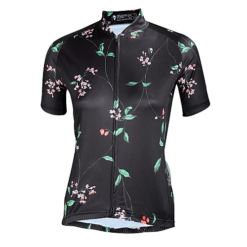 

ILPALADINO Women's Short Sleeve Cycling Jersey Black Floral Botanical Bike Jersey Top Triathlon UV Resistant Breathable Reflective Strips Sports Clothing Apparel / Back Pocket