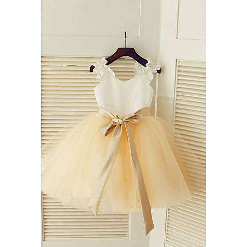 

A-Line Tea Length Flower Girl Dresses Wedding Satin Sleeveless Strapless with Belt / First Communion