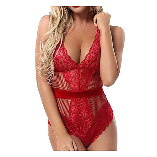 

Women's Plus Size Bodysuits Mesh Lace Solid Colored Embroidered Deep V Spring Summer Black Red Big Size S M L XL XXL / Strap