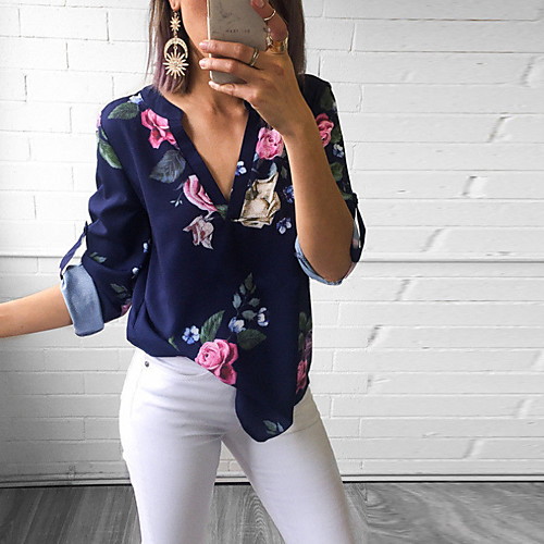 

Women's Floral Blouse Slim Tops V Neck White Blue Purple