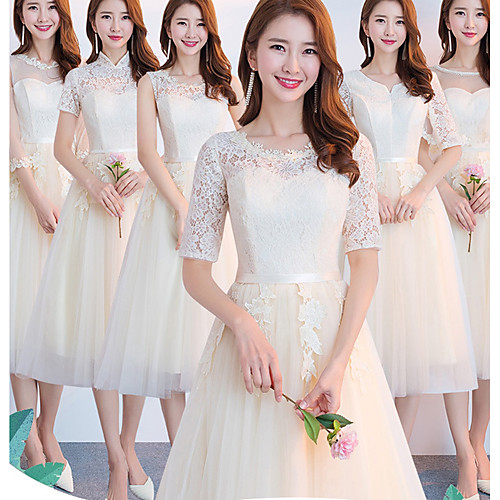 

A-Line Jewel Neck Knee Length Tulle Bridesmaid Dress with Lace