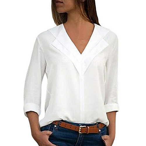 

Women's Plus Size Blouse Shirt Plain Solid Colored Long Sleeve V Neck Tops White Black Purple