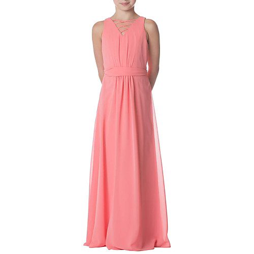 

Sheath / Column Floor Length Junior Bridesmaid Dress Party Chiffon Sleeveless Jewel Neck with Pleats
