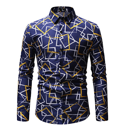 

Men's Shirt Color Block Paisley Geometric Print Tops Cotton Blue Gold