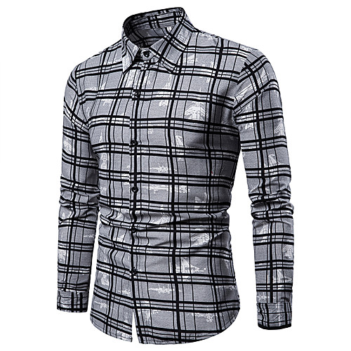 

Men's Shirt Check Graphic Solid Colored Plus Size Print Tops Cotton Gray