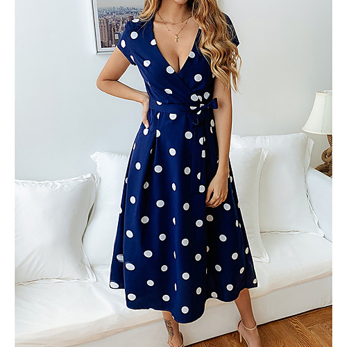 

Women's A Line Dress - Short Sleeve Polka Dot Deep V Elegant White Red Navy Blue S M L XL