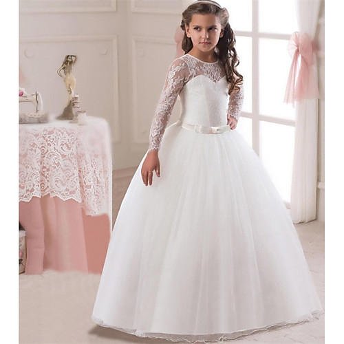 

Princess Long Length Flower Girl Dresses Wedding Lace Long Sleeve Jewel Neck with Lace / First Communion