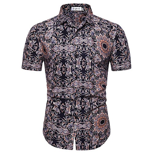 

Men's Shirt Graphic Geometric Floral Print Tops Cotton Brown