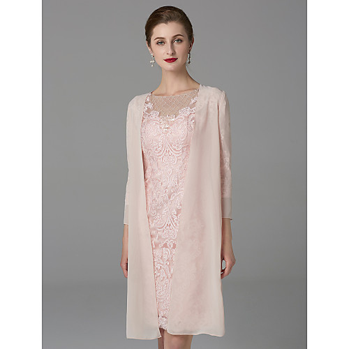 

Two Piece Sheath / Column Mother of the Bride Dress Sparkle & Shine Jewel Neck Knee Length Chiffon Lace 3/4 Length Sleeve with Beading Appliques 2021