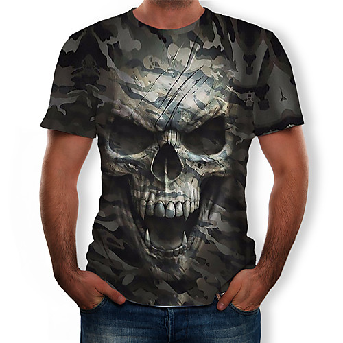 

Men's Unisex Tee T shirt Shirt Graphic 3D Skull Camo / Camouflage Plus Size Print Short Sleeve Street Tops Basic Designer Big and Tall Round Neck Army Green