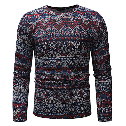 

Men's T shirt Tribal Print Tops Cotton Wine Navy Blue