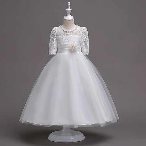 

Princess Tea Length Flower Girl Dresses Wedding Lace Half Sleeve Jewel Neck with Lace / First Communion