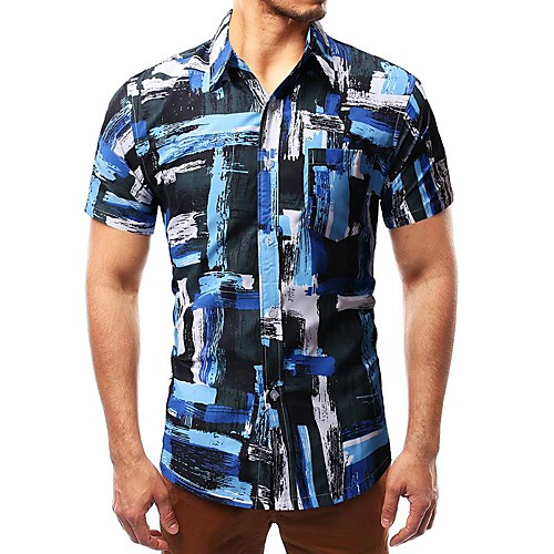 

Men's Shirt Striped Color Block Geometric Print Tops Cotton Blue
