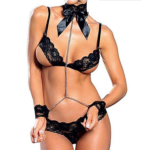 

Women's Lace Bow Wireless Open Cup Bras & Panties Sets Solid Colored Super Sexy White Black